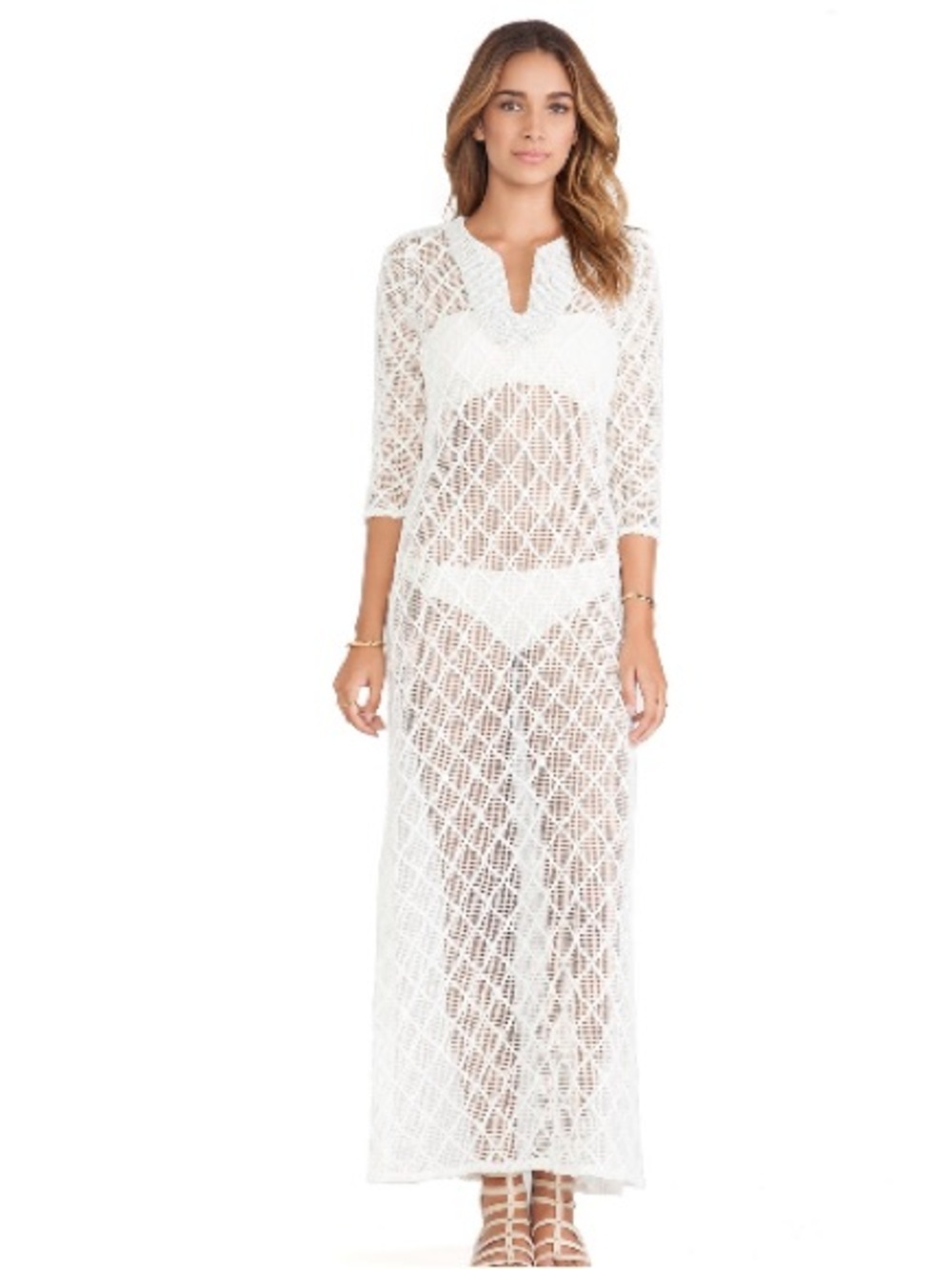 Tbags Los Angeles White Beaded Crochet Long Maxi Dress Coverup Size Medium
